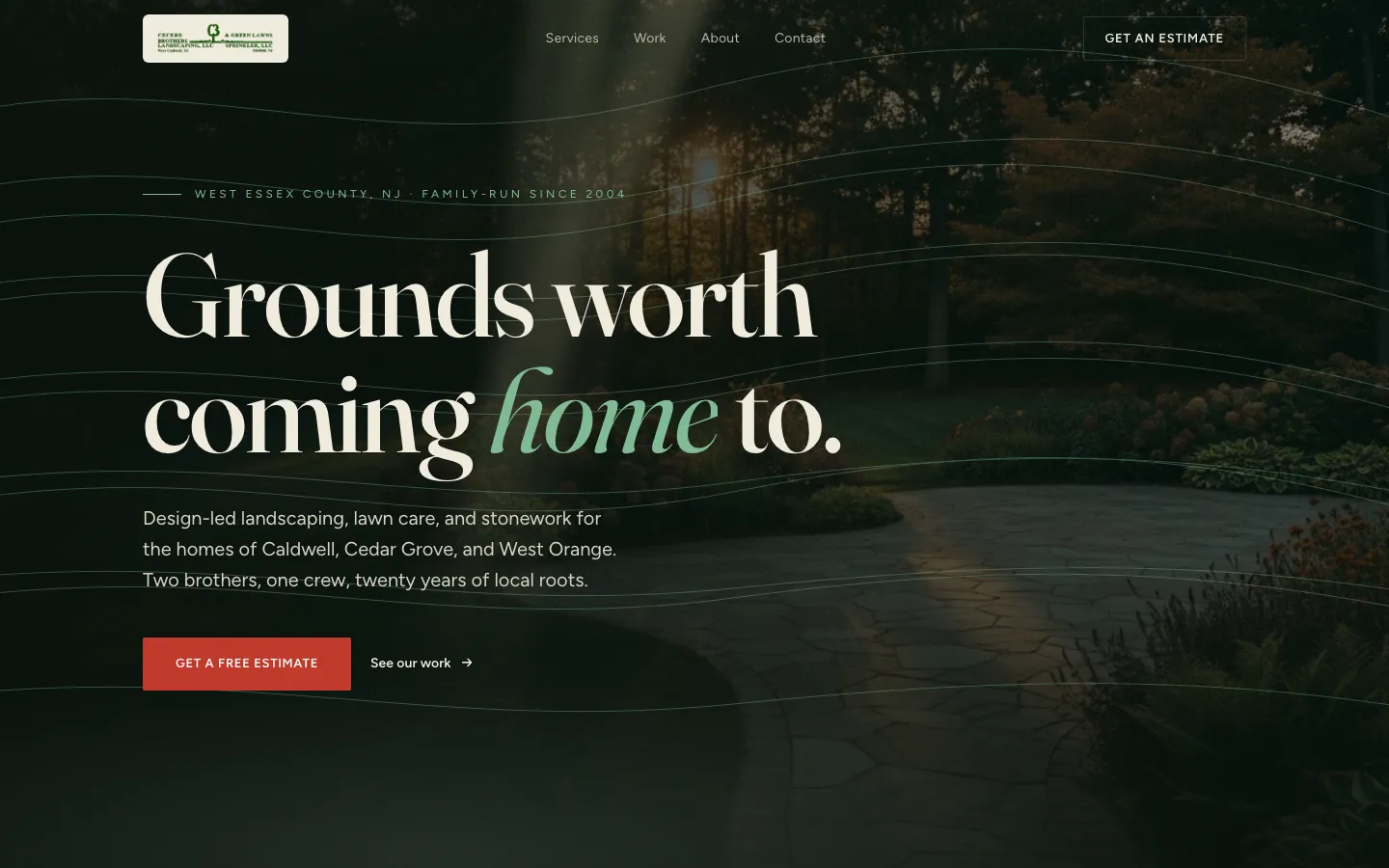 Screenshot of the Cecere Brothers Landscaping website homepage, a dark garden hero reading 'Grounds worth coming home to'
