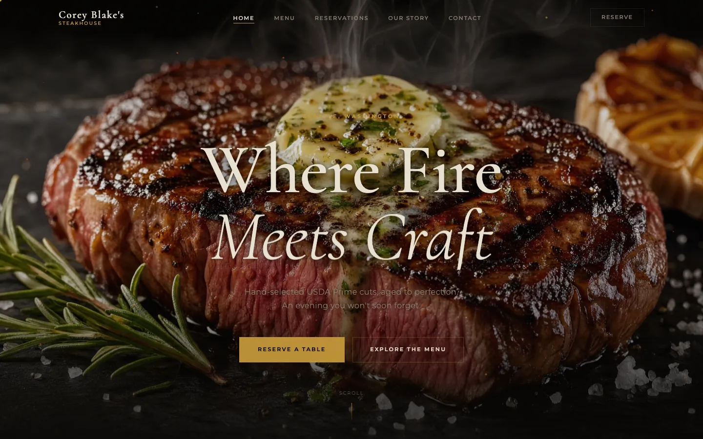 Screenshot of the Corey Blake's Steakhouse concept website, a dark hero with a seared steak and the headline 'Where Fire Meets Craft'
