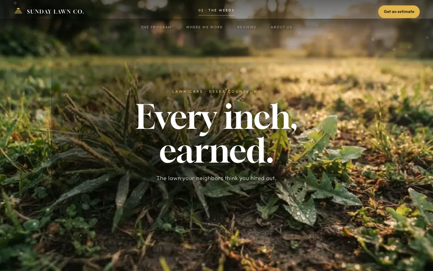 Screenshot of the Sunday Lawn Co. cinematic demo site, a filmed lawn at golden hour with the headline 'Every inch, earned.'