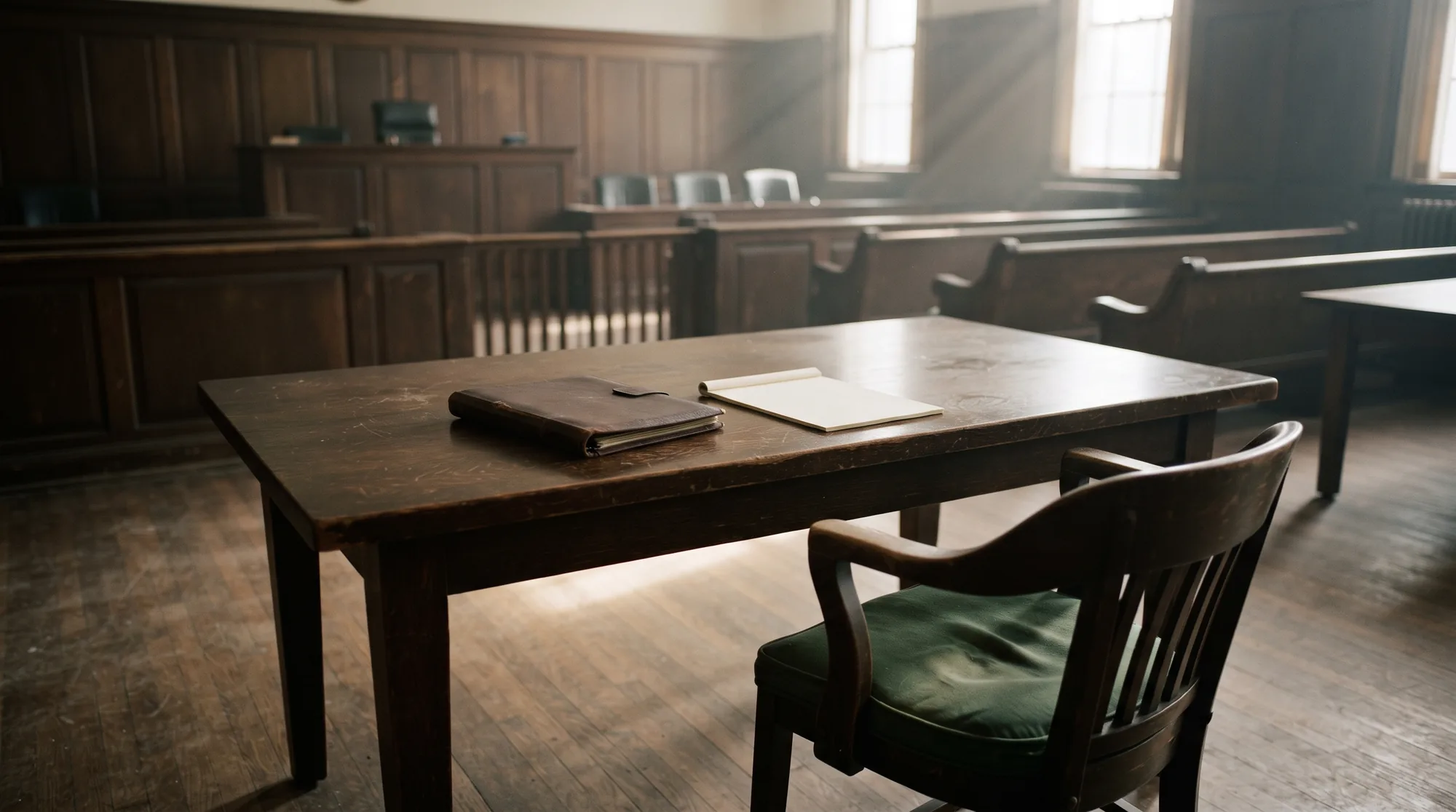 Counsel table in a courtroom