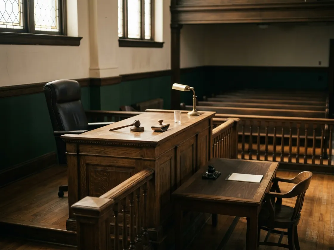 An empty courtroom bench and counsel table in morning light